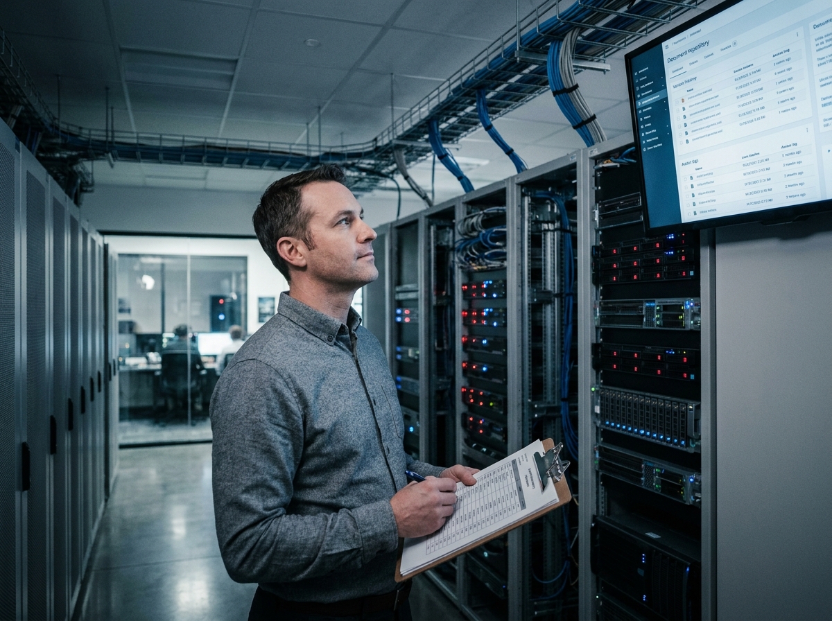 Administrateur informatique supervisant un système de gestion électronique de documents dans une salle serveur