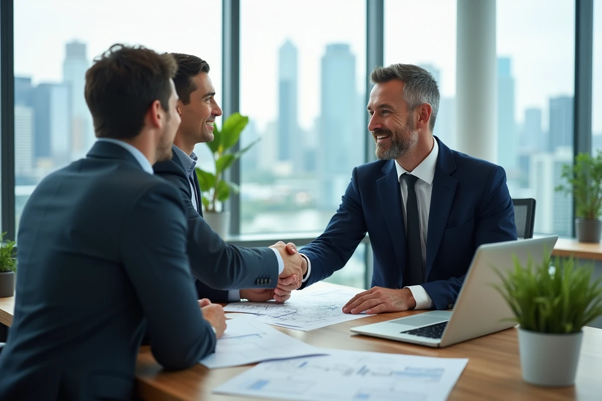 Agent immobilier professionnel serrant la main d'un couple de clients dans un bureau moderne avec vue sur la ville