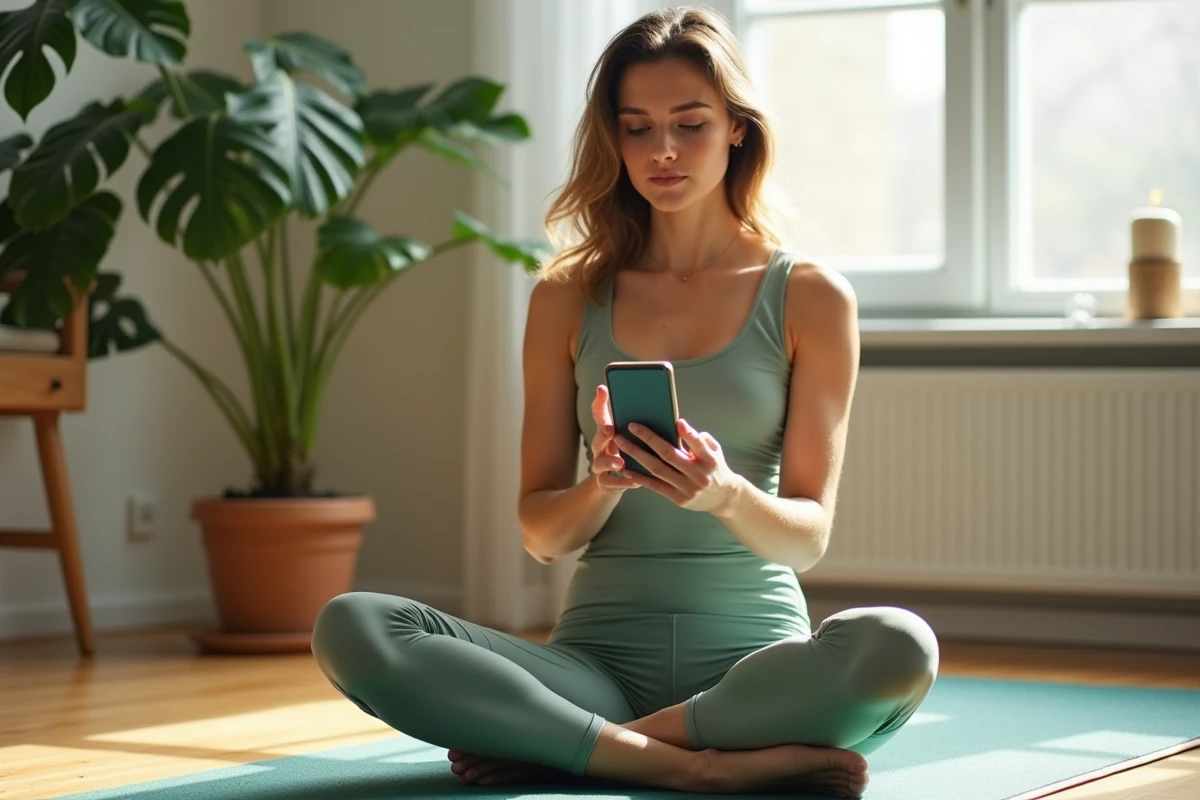 Femme consultant une application de micro-exercices positifs sur smartphone, assise sur un tapis de yoga dans un coin bien-être lumineux