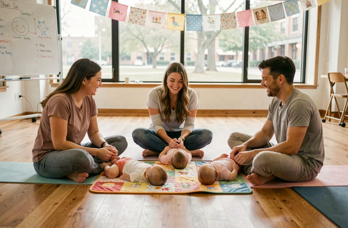 Groupe de jeunes parents participant à un atelier de parentalité dans une salle communautaire lumineuse avec leurs bébés
