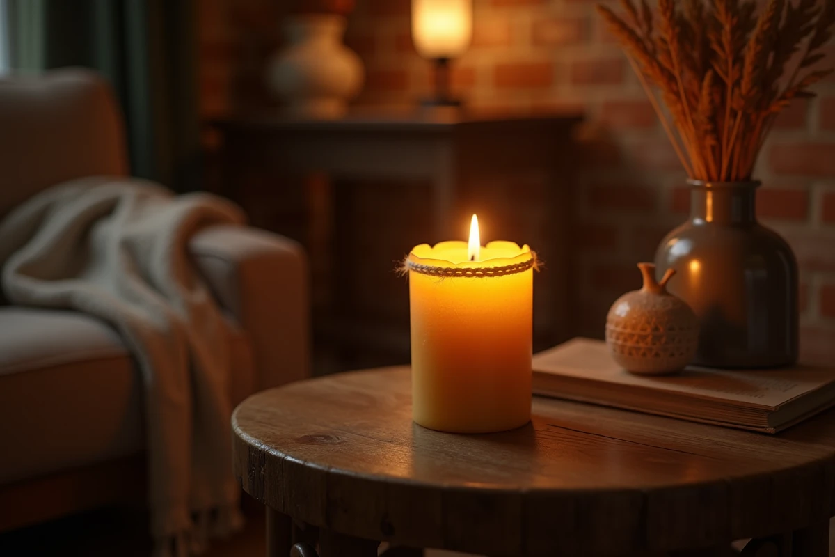Bougie artisanale en cire d'abeille naturelle posée sur une table en bois brut dans une ambiance de soirée cosy
