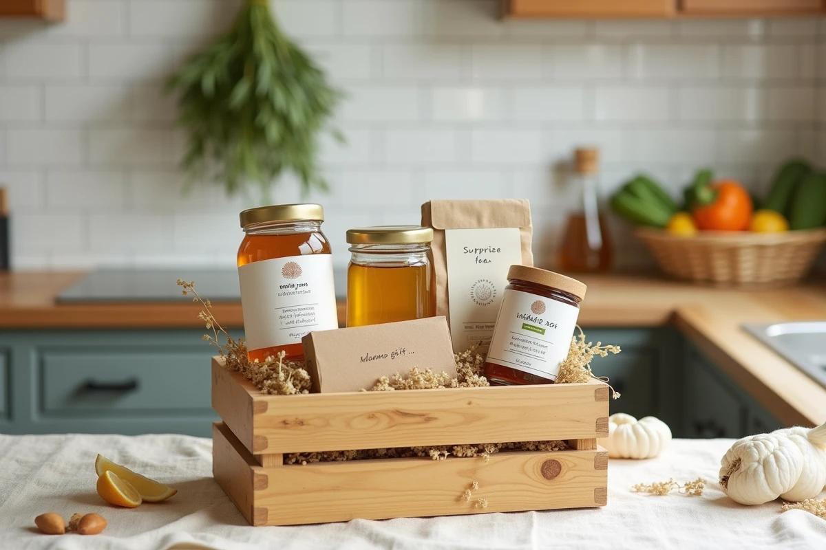Caisse en bois contenant une box surprise de produits locaux artisanaux posée sur une table en cuisine rustique