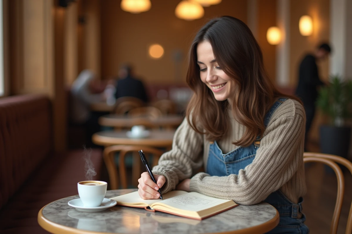 Femme écrivant trois bons moments de la journée dans un carnet kraft posé sur une table de café avec un expresso