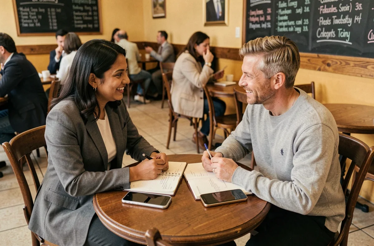 Deux professionnels collaborant autour d'une table de café dans le cadre d'un projet de travail alternatif ou d'entrepreneuriat