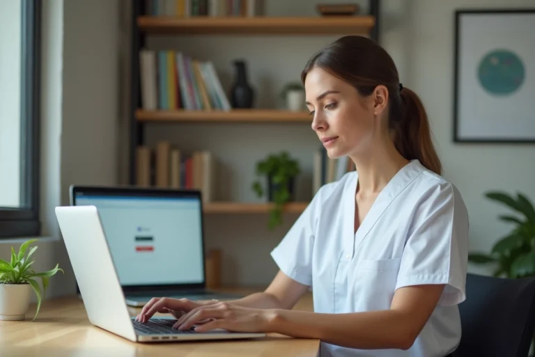 Professionnelle de santé se connectant à sa messagerie Zimbra CHU depuis son domicile sur un ordinateur portable