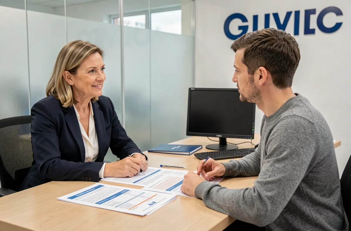 Conseillère bancaire présentant des options d'assurance emprunteur à un client