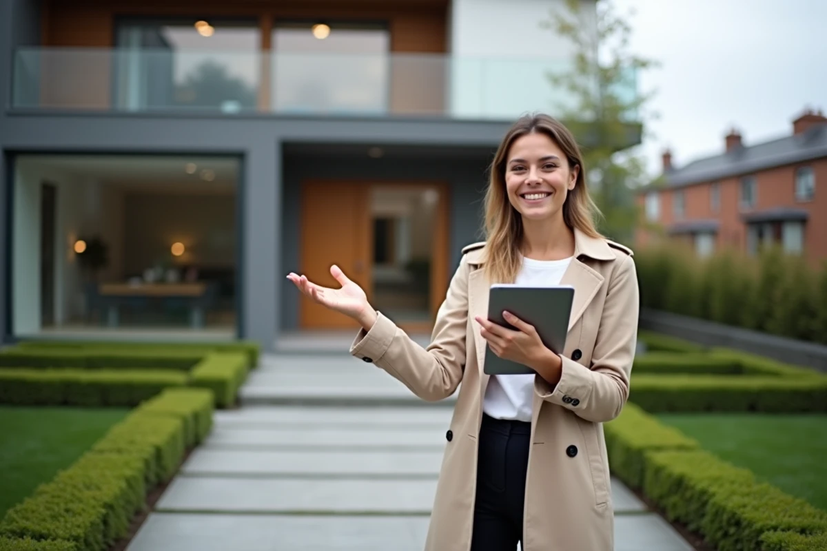 Conseillère immobilière présentant une propriété résidentielle contemporaine à l'extérieur avec tablette en main