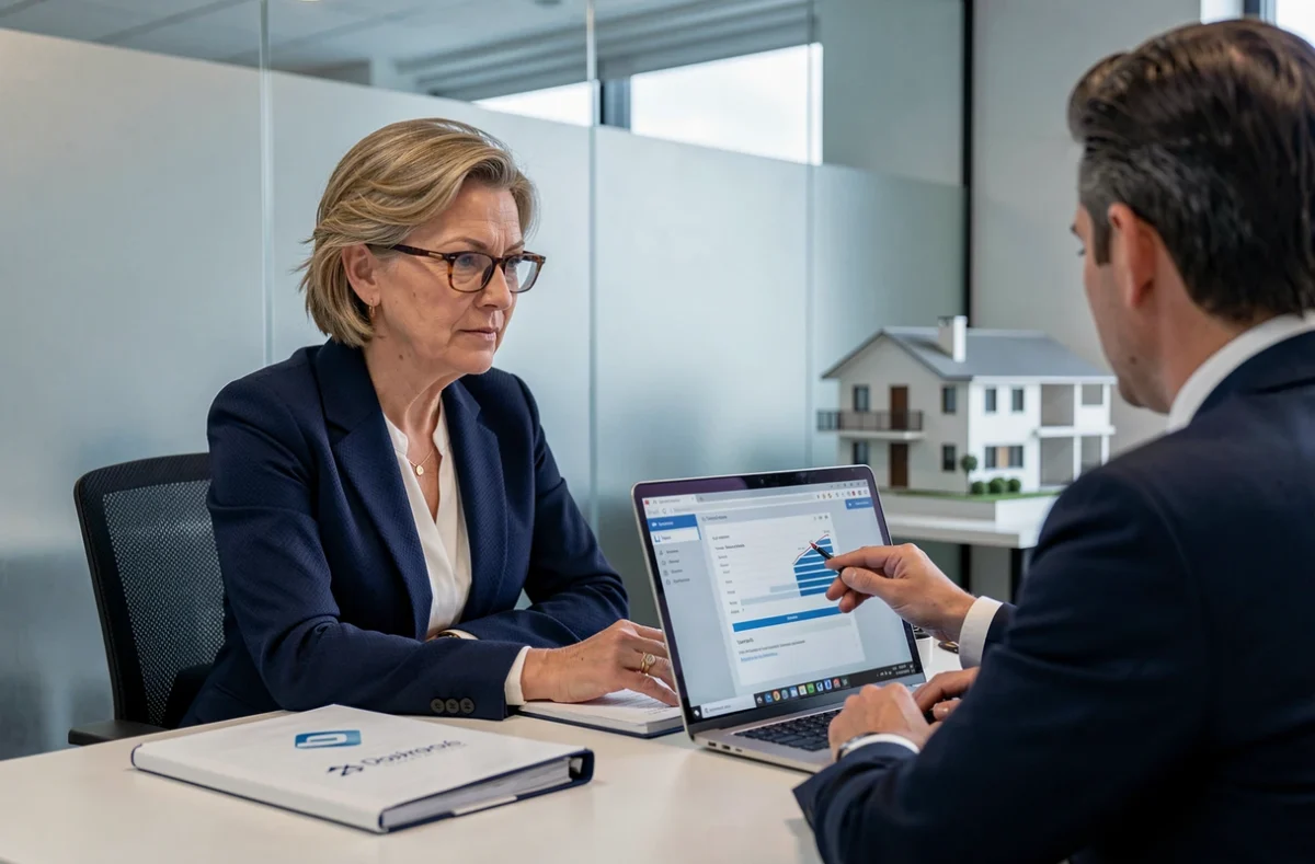 Femme consultant un conseiller bancaire pour obtenir un prêt immobilier dans une agence moderne