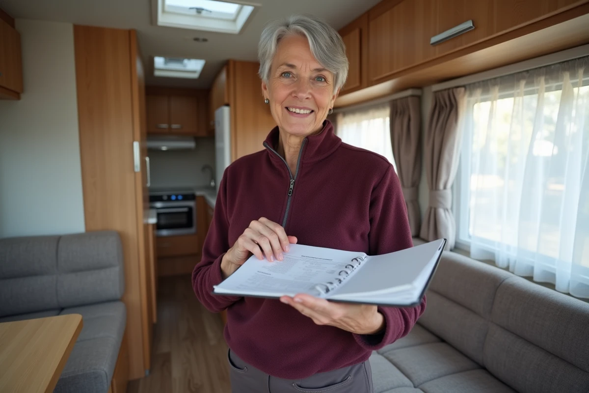 Femme consultant les documents techniques d'un mobil-home pour déterminer son année de fabrication
