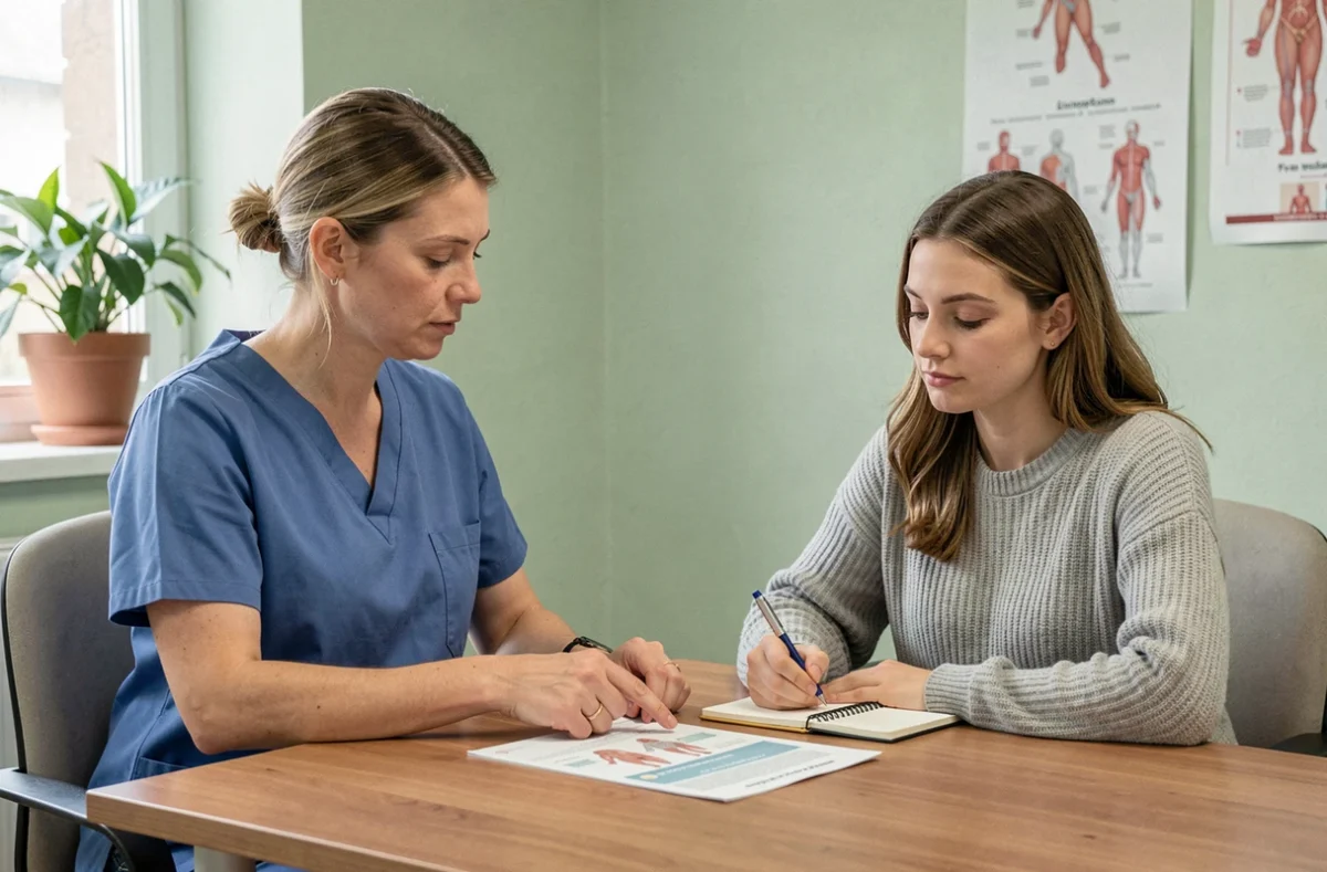 Infirmière pédiatrique conseillant une jeune mère lors d'une consultation bienveillante en cabinet médical