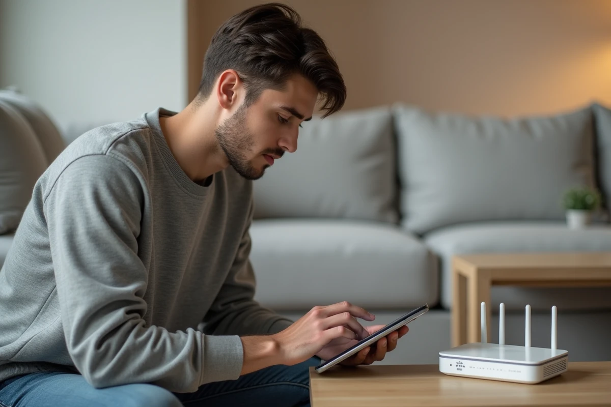 Un jeune homme consulte l'étiquette de sa Bbox pour récupérer le mot de passe wifi