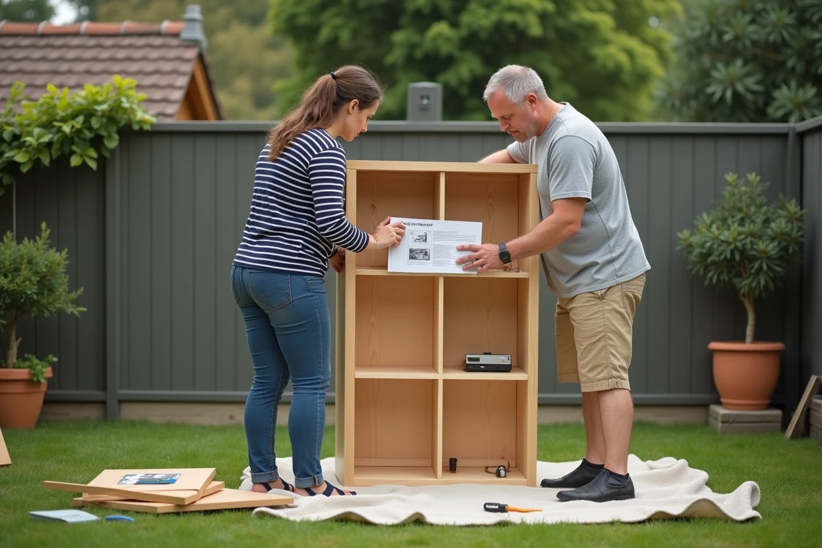 Couple assemblant ensemble une étagère en bois dans un jardin résidentiel lors d'un projet de bricolage