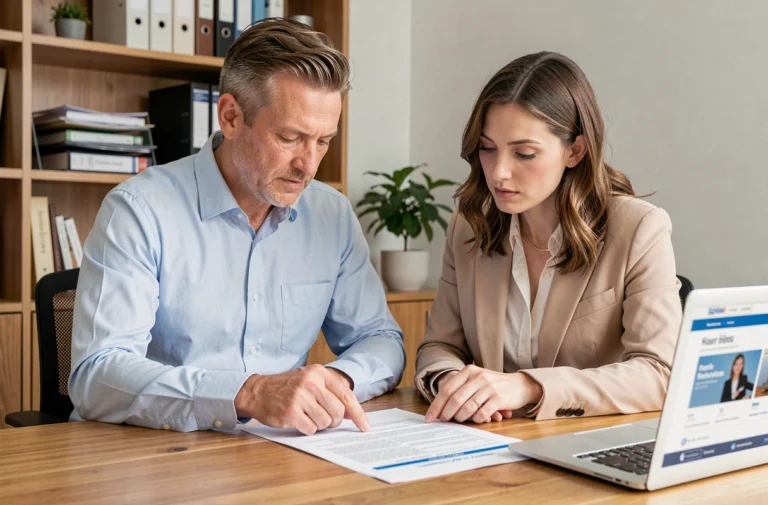 Couple examinant un contrat d'assurance prêt immobilier à leur bureau à domicile