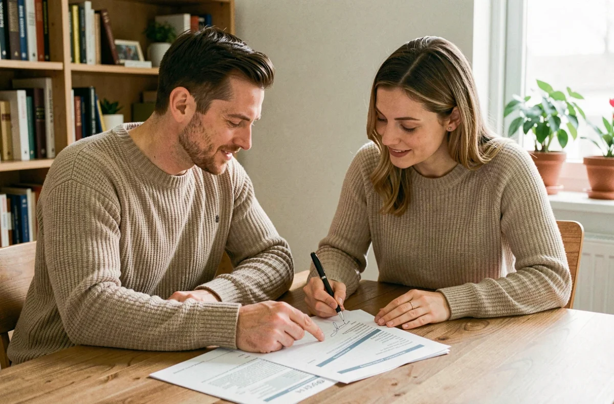 Couple examinant des documents de crédit immobilier ensemble à une table en bois dans un appartement moderne