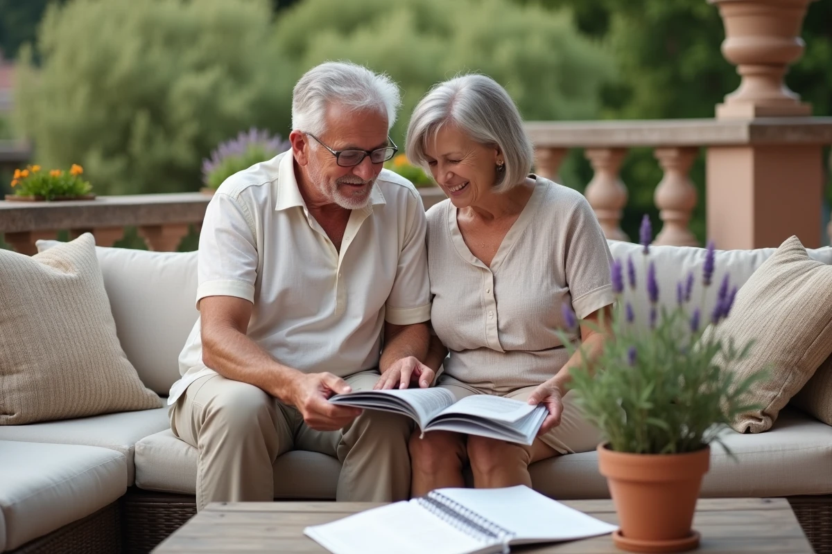 Couple de seniors planifiant leur retraite ensemble sur une terrasse méditerranéenne avec magazines et notes