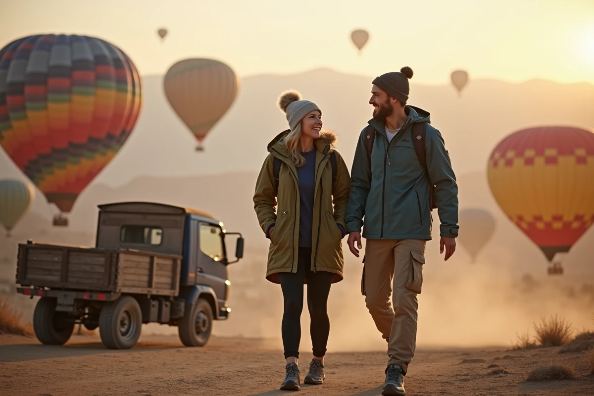Couple habillé en tenues coupe-vent et thermiques se préparant à monter dans une montgolfière à Göreme en Turquie au lever du jour