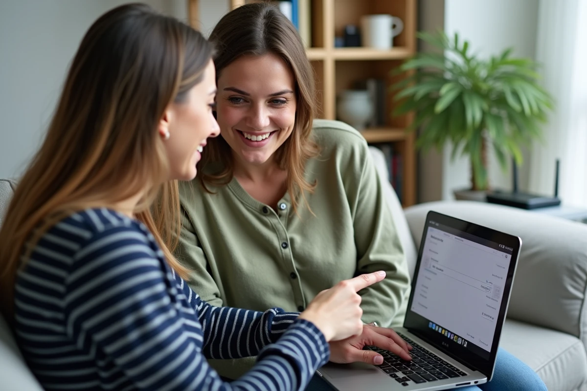 Deux amies partagent et configurent le mot de passe wifi Bbox sur un ordinateur portable dans un salon