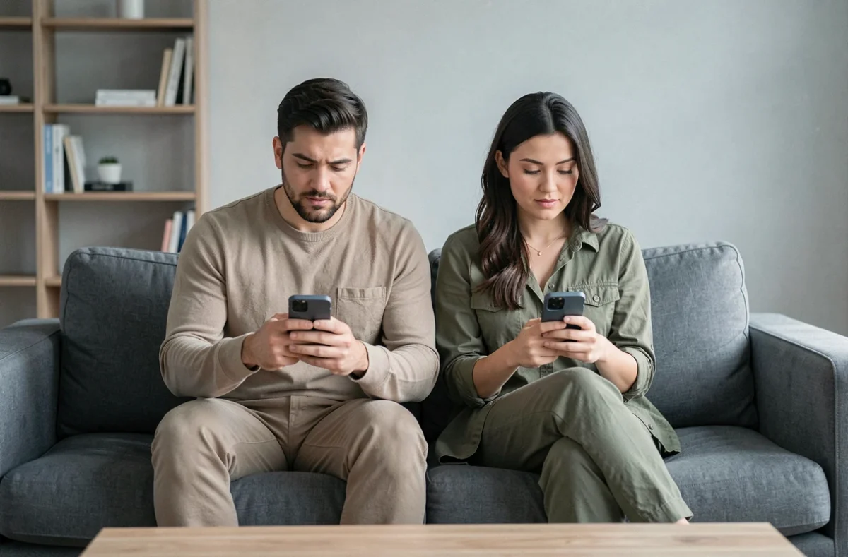 Deux personnes utilisant des applications de discussion privée sur leurs smartphones dans un salon moderne