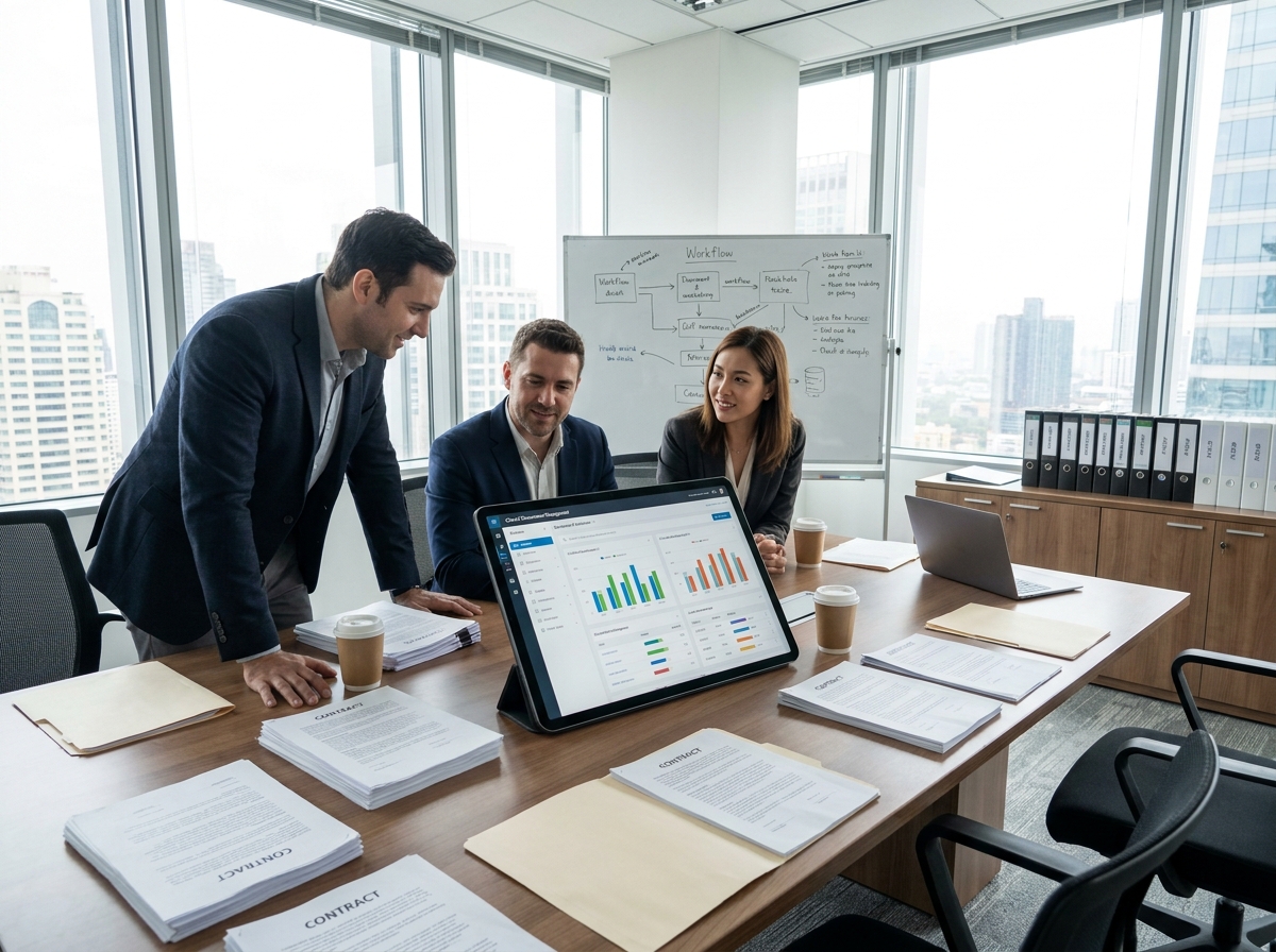Équipe de professionnels collaborant autour d'une solution de gestion électronique de documents en salle de réunion