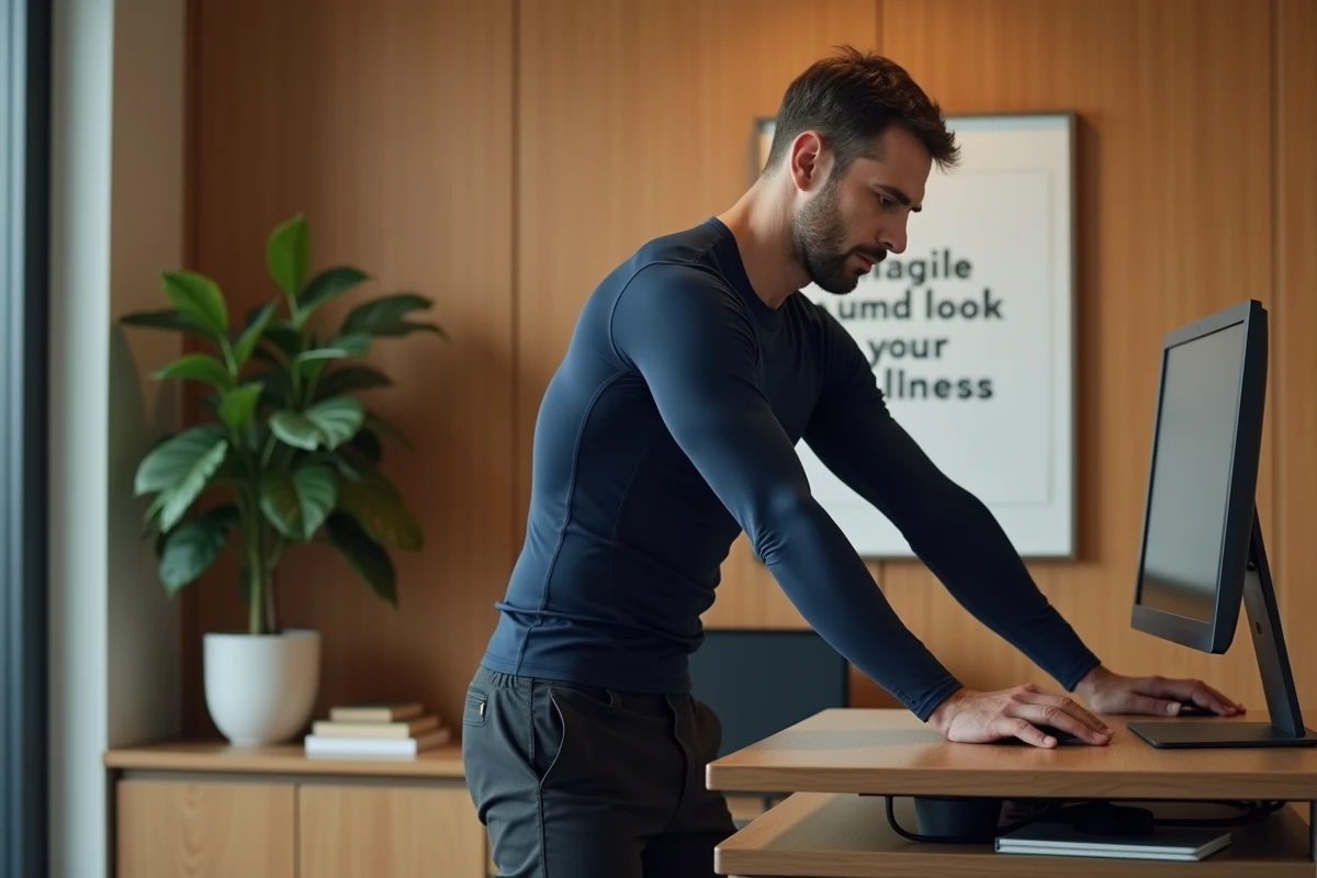 Professionnel effectuant des étirements ergonomiques à son poste de travail pour améliorer sa qualité de vie