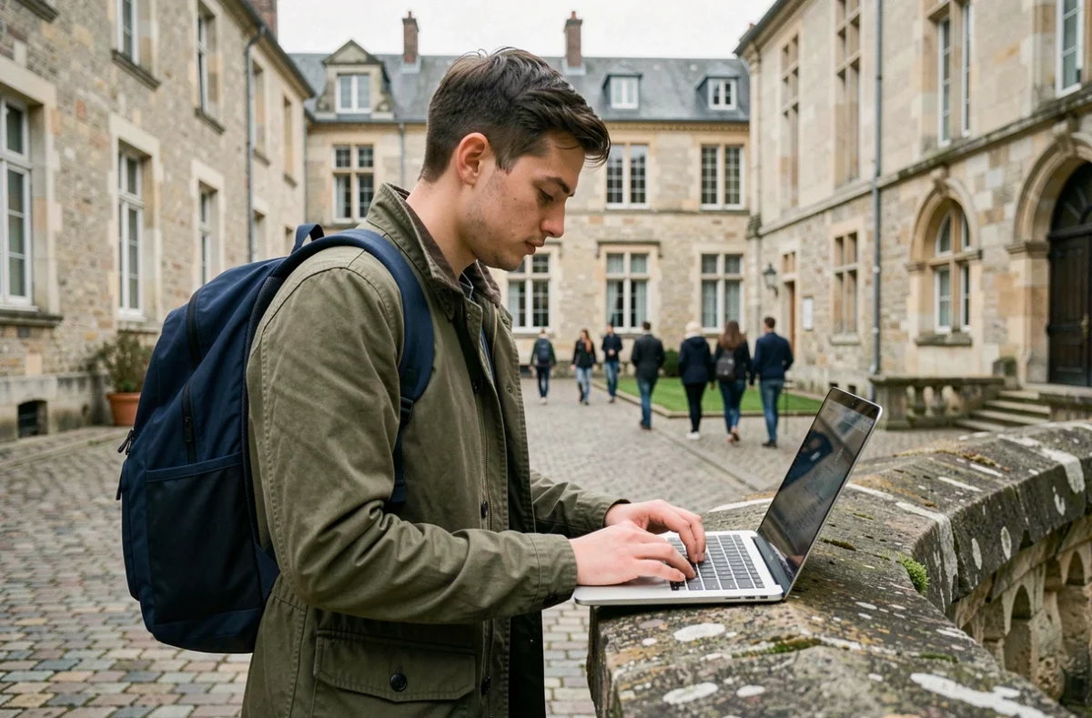 Étudiant consultant son planning universitaire sur ordinateur portable dans la cour d'un campus français