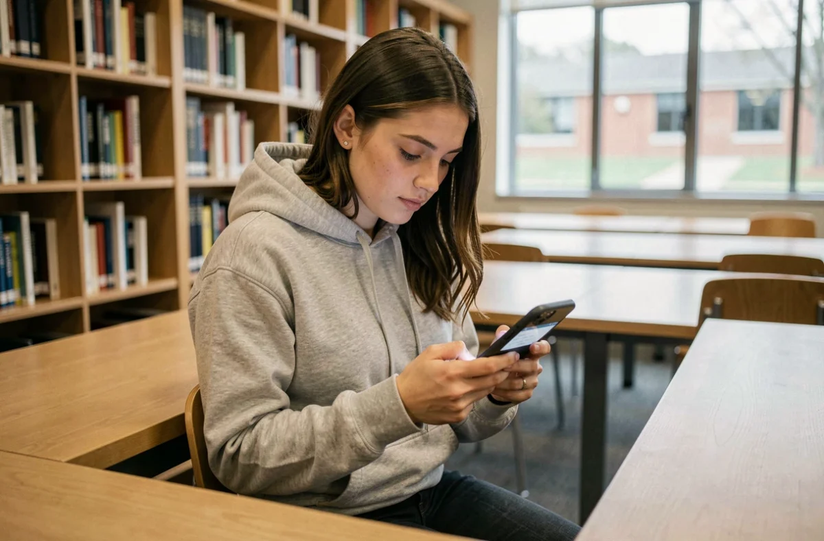 Étudiante consultant son emploi du temps universitaire sur smartphone dans une bibliothèque de l'Université d'Angers