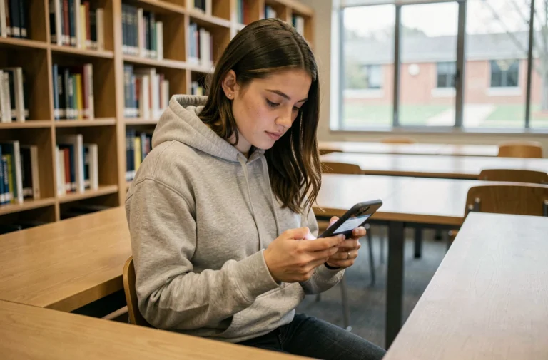 Étudiante consultant son emploi du temps universitaire sur smartphone dans une bibliothèque de l'Université d'Angers