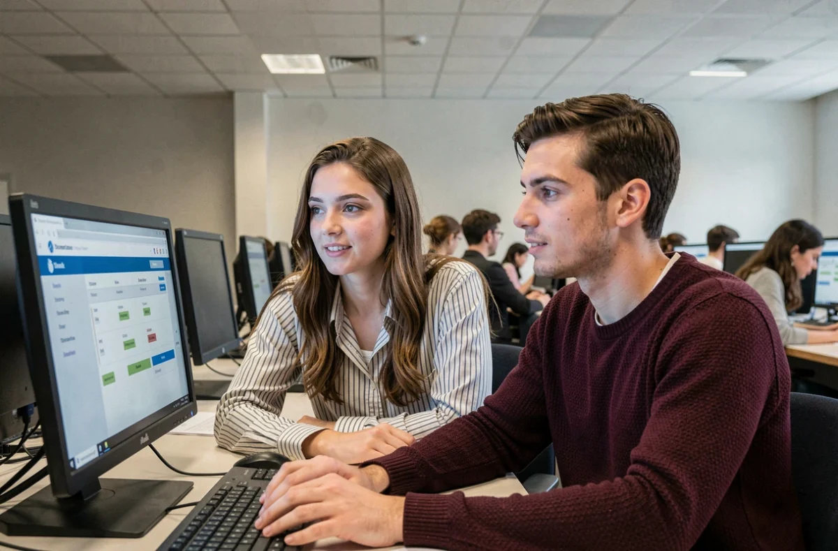 Deux étudiants consultant ensemble l'emploi du temps en ligne sur un ordinateur de la salle informatique universitaire
