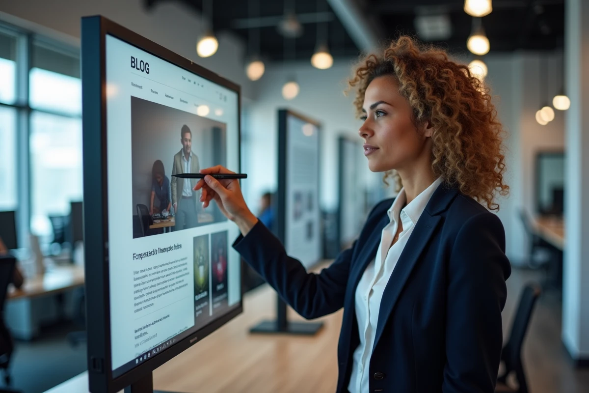 Femme experte présentant la stratégie éditoriale d'un blog professionnel devant un écran dans un espace de coworking