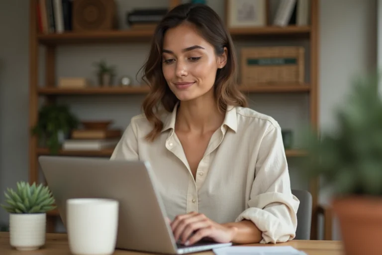 Femme professionnelle travaillant sur son blog depuis un bureau à domicile bien organisé
