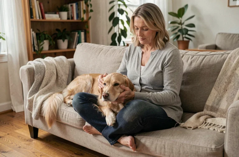 Femme d'âge mûr caressant son chien golden retriever posé sur ses genoux dans un salon chaleureux, illustrant la vie quotidienne sereine avec un chien après une ablation de la rate
