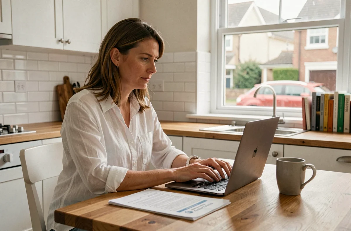 Femme comparant des offres d'assurance prêt immobilier sur son ordinateur portable à la maison