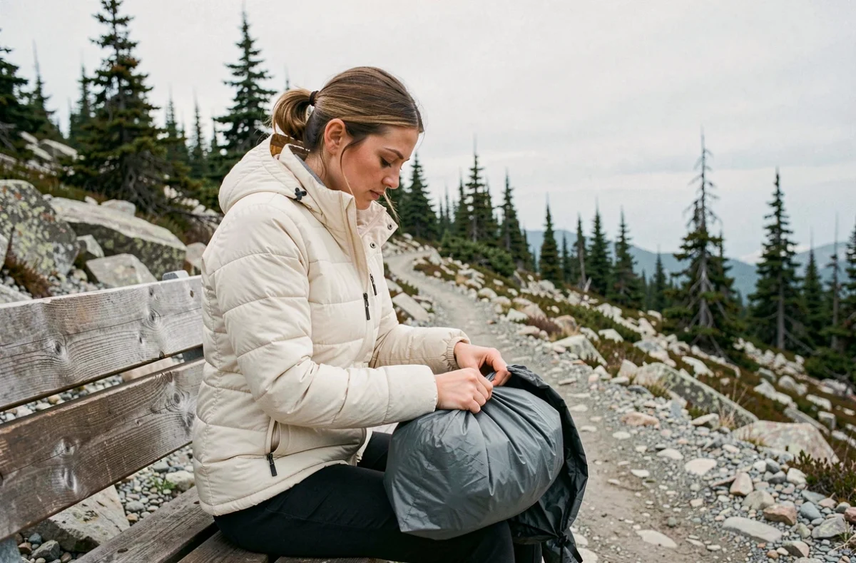 Femme randonneuse compressant une doudoune légère en montagne, doudoune packable femme hiver outdoor