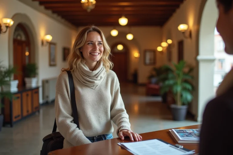 Femme souriante à la réception d'un hôtel européen accueillant