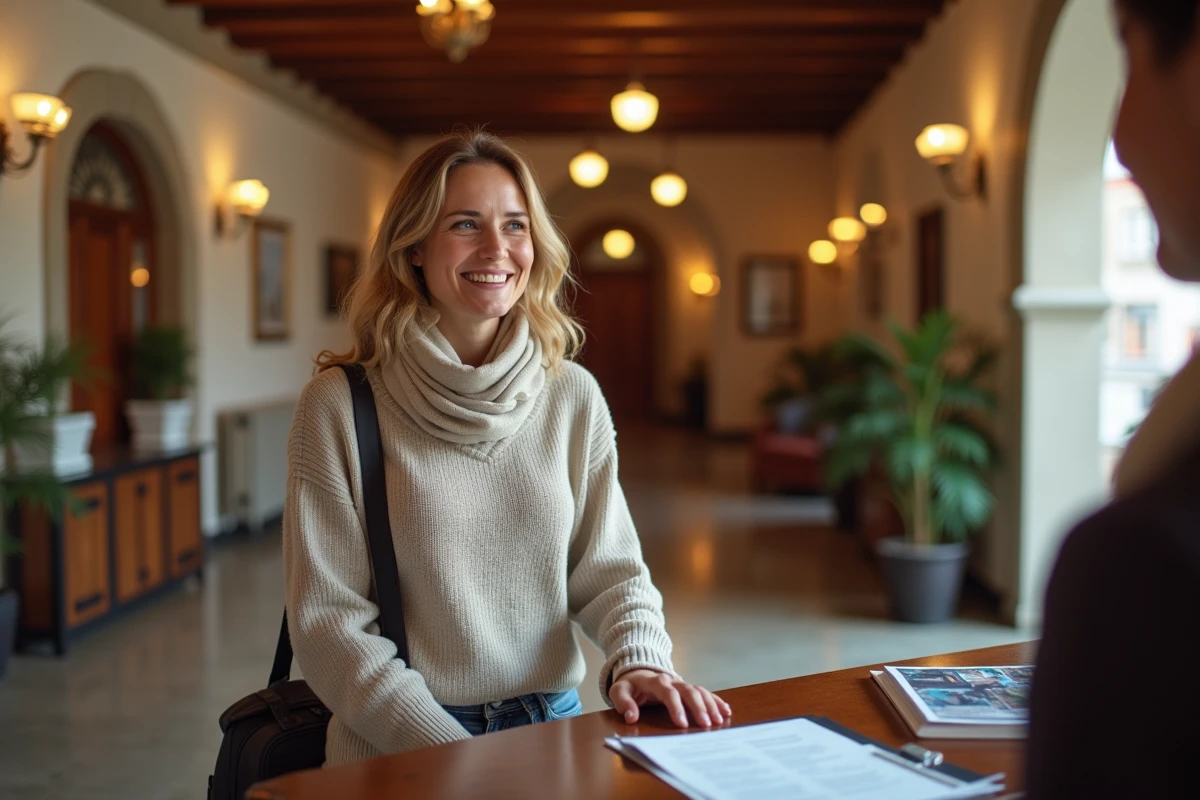 Femme souriante à la réception d'un hôtel européen accueillant
