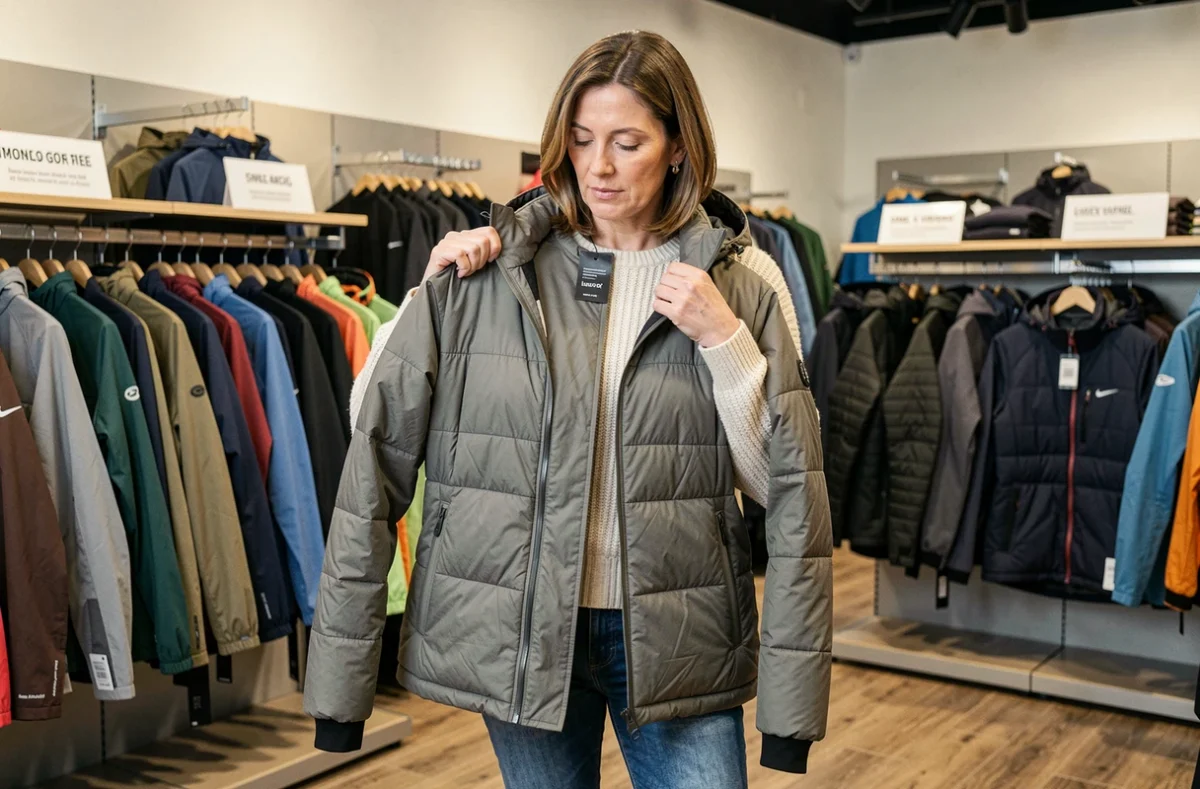 Femme essayant une doudoune légère dans un magasin de sport, conseils pour bien choisir sa doudoune femme