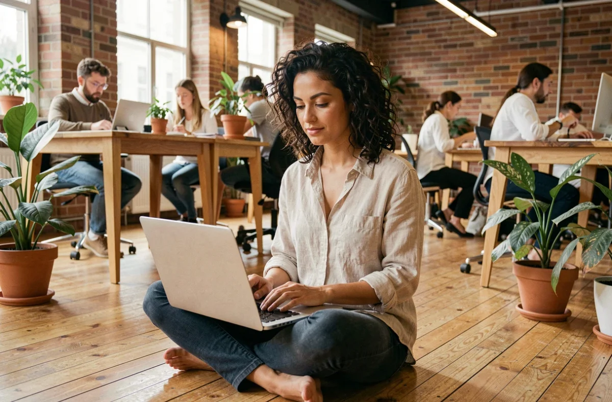 Femme freelance travaillant sur son ordinateur portable dans un espace de coworking moderne avec des plantes et des murs en brique apparente