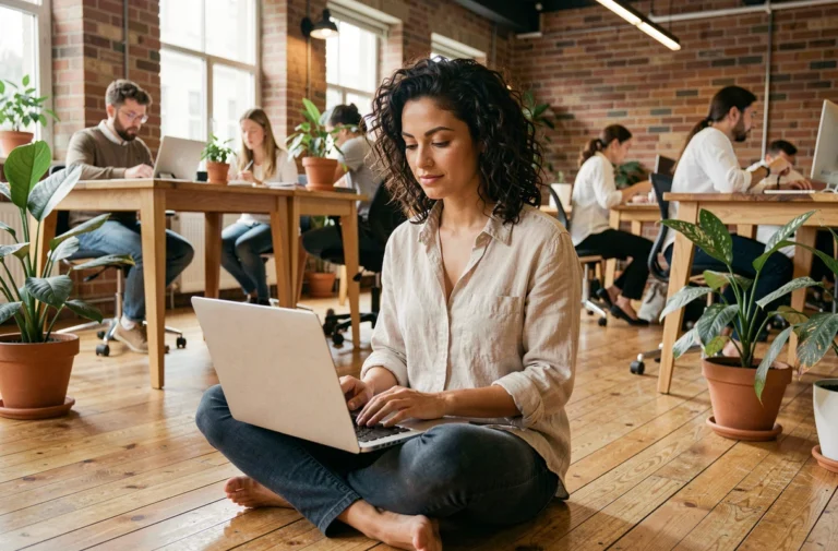 Femme freelance travaillant sur son ordinateur portable dans un espace de coworking moderne avec des plantes et des murs en brique apparente