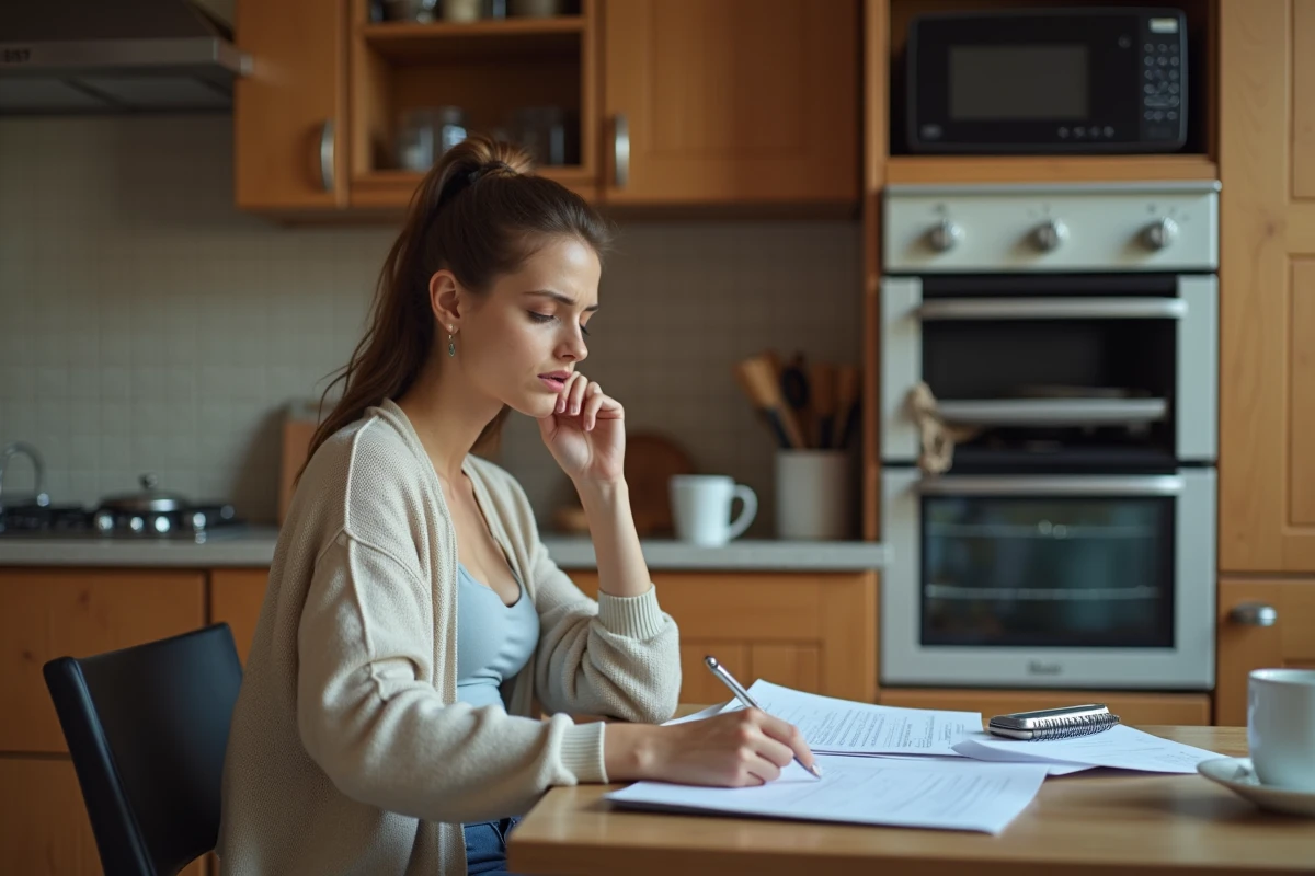 Jeune femme regardant des documents dans une cuisine usée