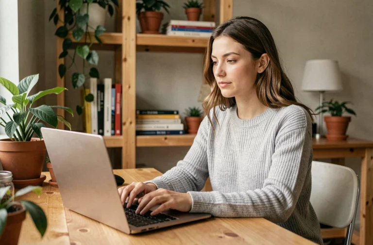 Femme utilisant une application de messagerie discrète sur son ordinateur portable dans un bureau à domicile