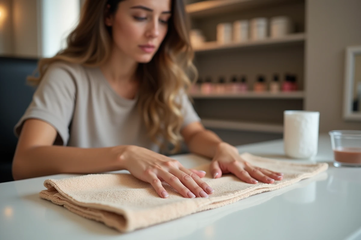 Femme inquiète examinant ses ongles décolorés après enlèvement d'un vernis semi-permanent en institut de beauté