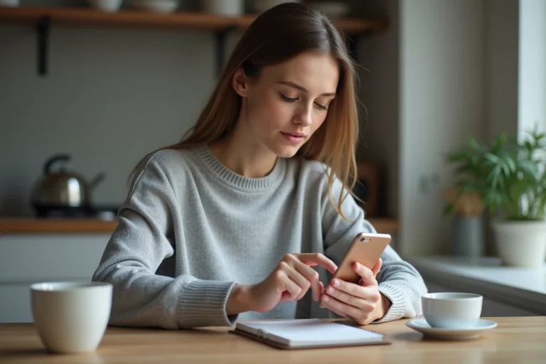 Jeune femme utilisant son smartphone pour email Laposte à la maison