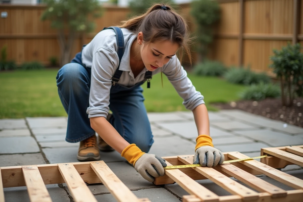 Jeune femme mesurant des palettes en extérieur dans le jardin