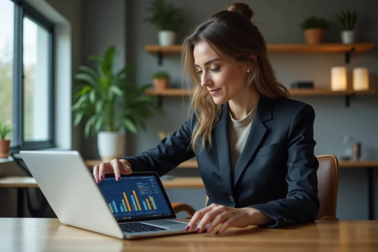 Jeune femme d'affaires concentrée utilisant une tablette dans un bureau moderne