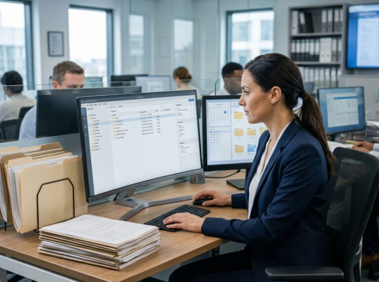 Femme professionnelle gérant des documents numériques sur un logiciel de GED dans un bureau moderne