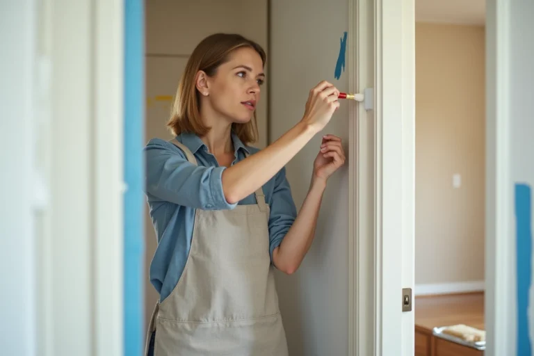 Femme rénovant l'encadrement d'une porte intérieure avec de la peinture blanche dans un couloir moderne