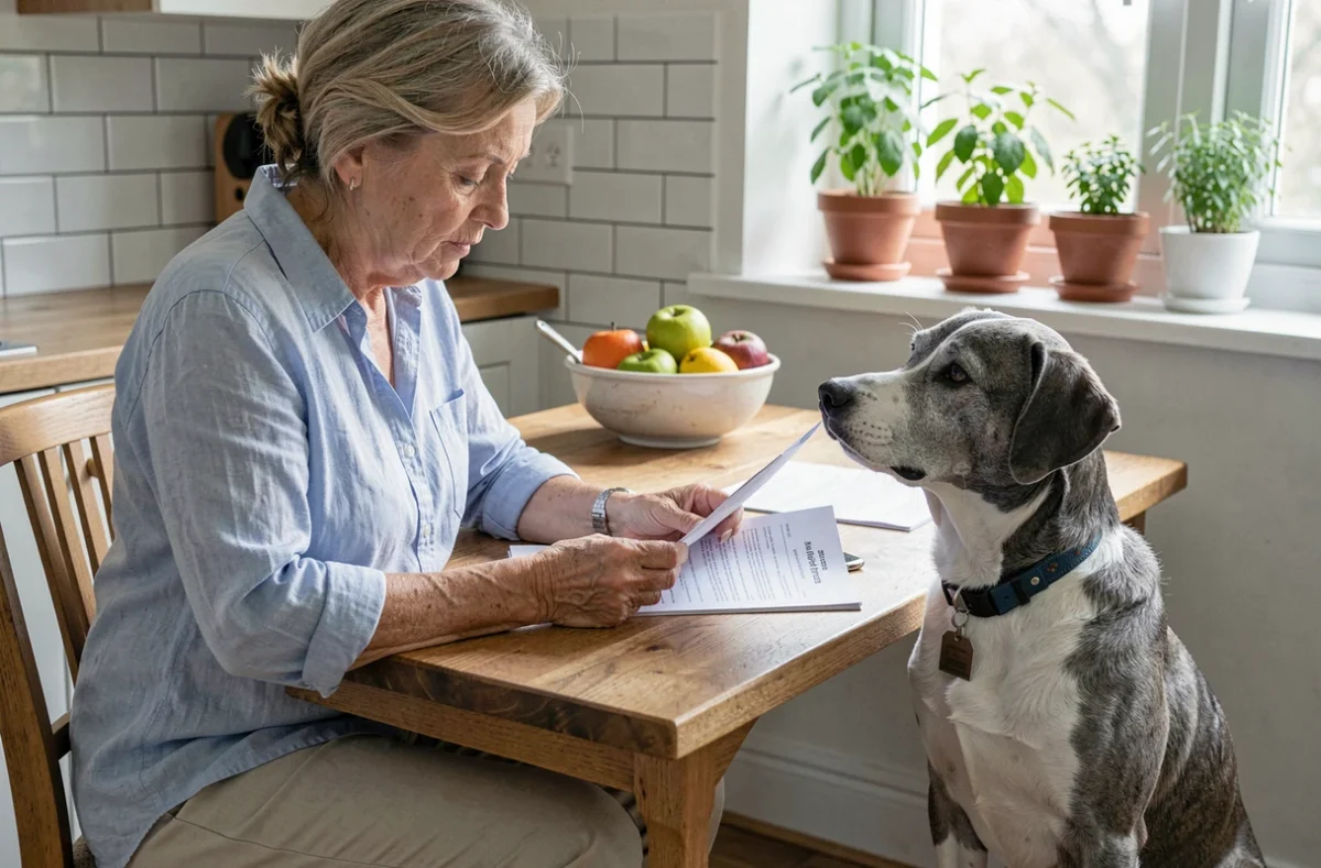 Femme senior consultant des documents vétérinaires à sa table de cuisine avec son chien attentif à ses côtés, symbolisant le suivi médical et les soins quotidiens après une ablation de la rate