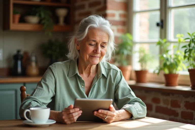 Femme senior aux cheveux argentés consultant des ressources de retraite sur une tablette dans une cuisine française chaleureuse