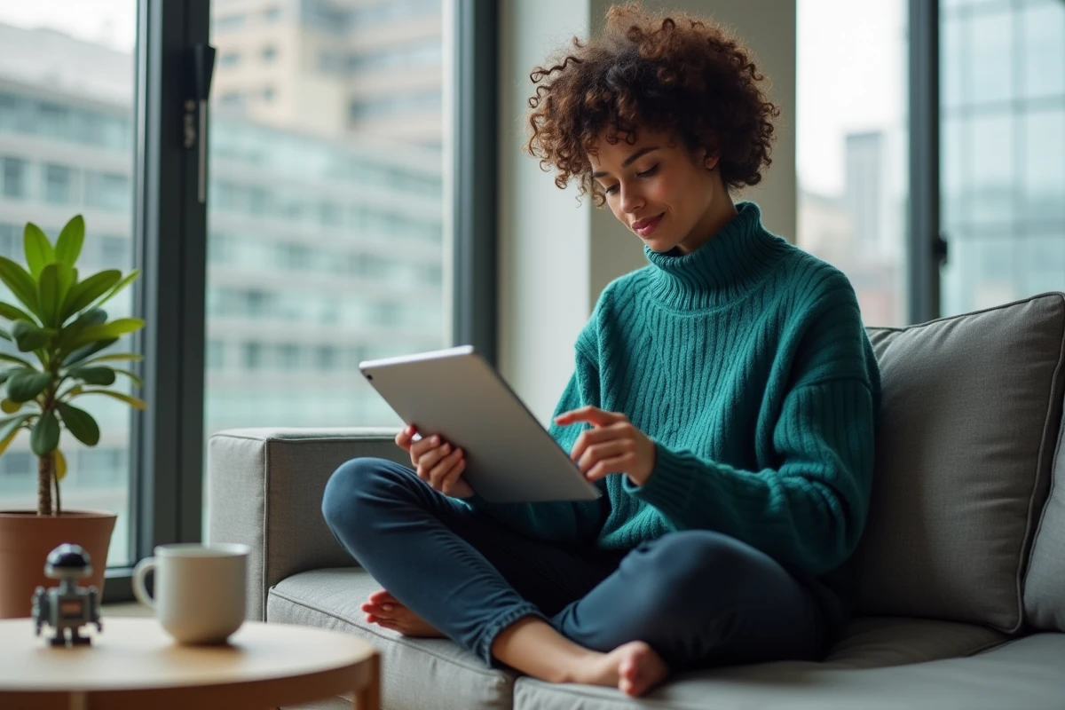 Femme passionnée de tendances geek parcourant les dernières actualités sur tablette dans un salon moderne