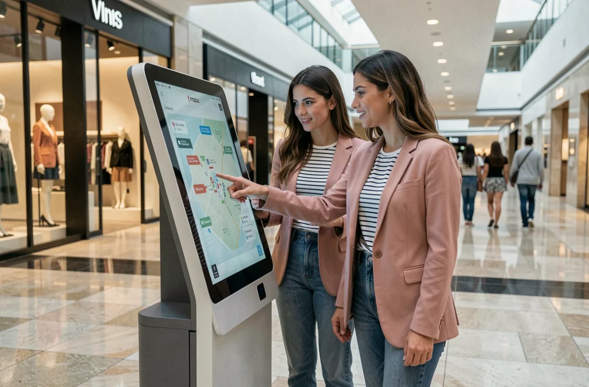 Deux femmes utilisant une borne interactive pour consulter le plan de navigation du site Marina Mode dans un centre commercial